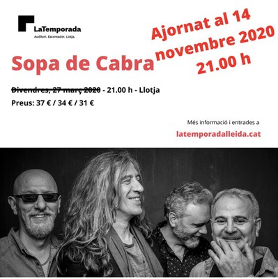 <bound method DexterityContent.Title of <NewsItem at /fs-webs/festeslleida/ca/actualitat/noticies/sopa-de-cabra-presentara-el-seu-nou-disc-el-14-de-novembre-al-teatre-de-la-llotja-de-lleida>>.